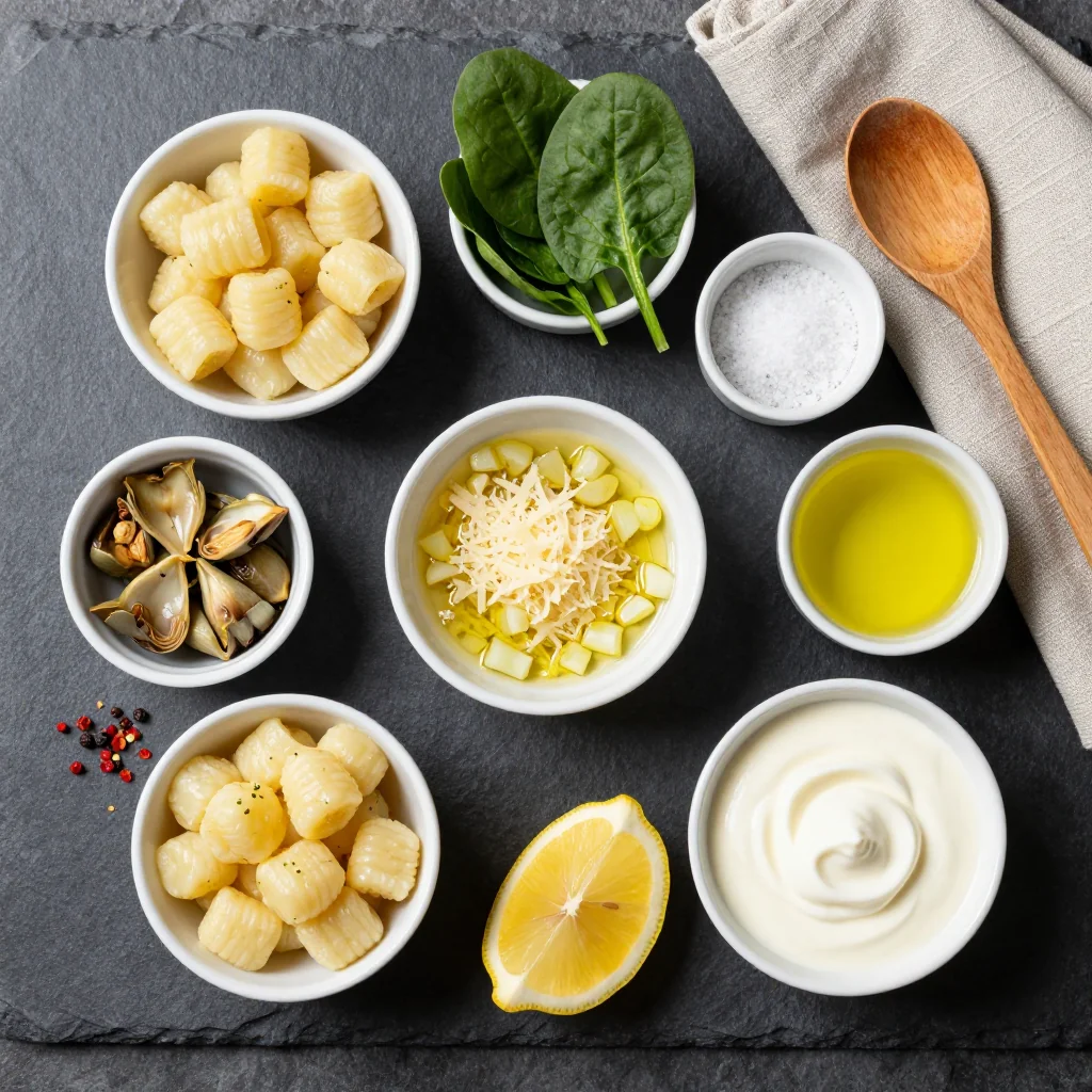 Ingredients for One Pot Creamy Gnocchi with Spinach and Artichokes
