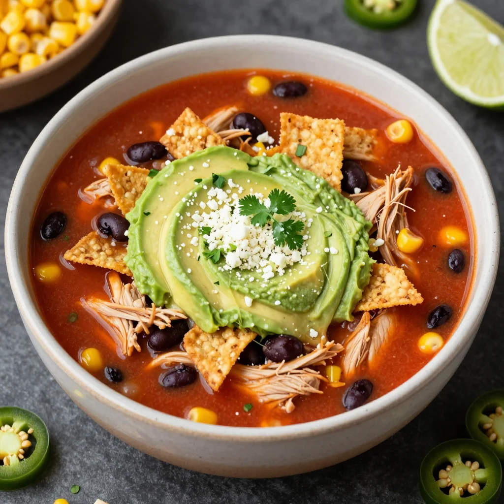Slow Cooker Chicken Tortilla Soup with Avocado Crema