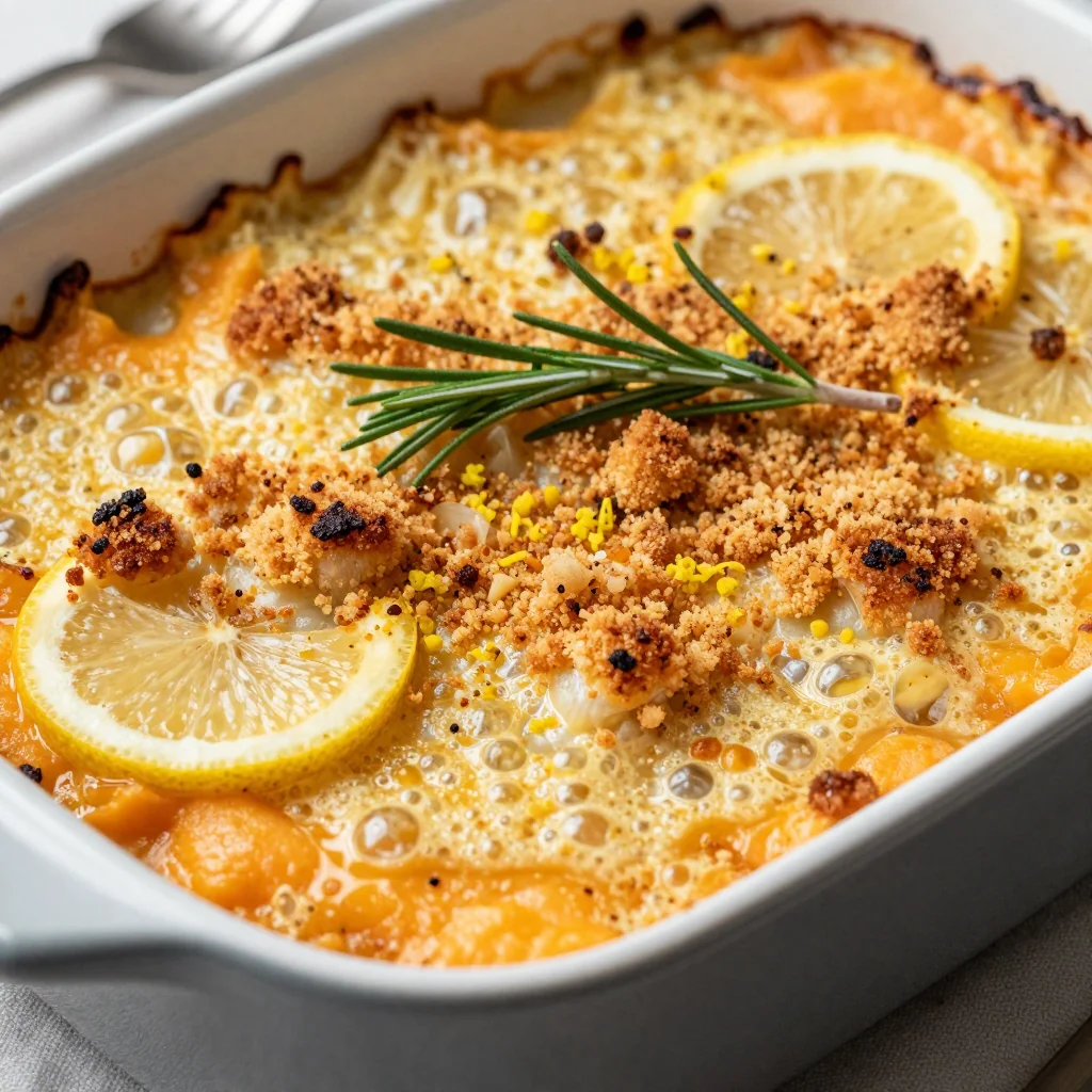 creamy lemon and garlic sweet potato casserole for winter family meals