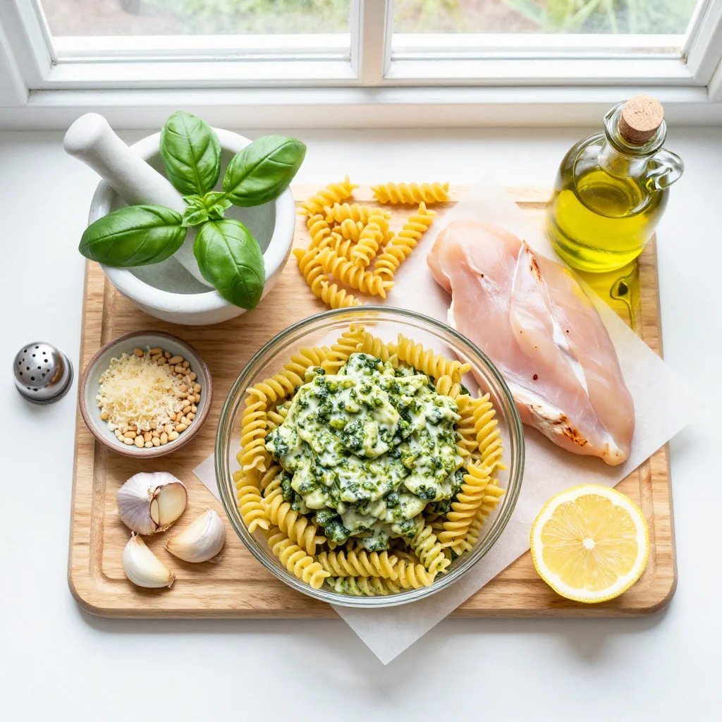 All ingredients for Creamy Pesto Pasta with Grilled Chicken