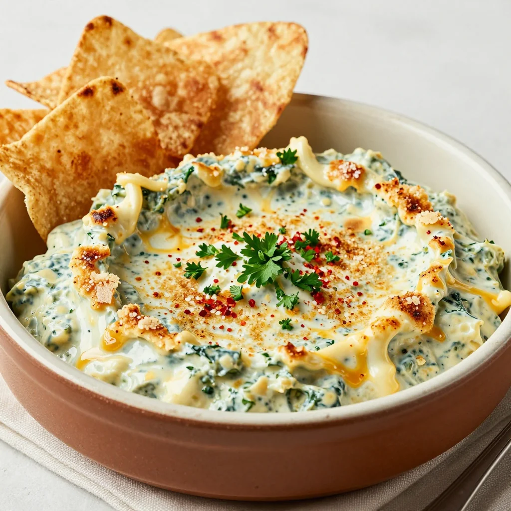 Game Day Spinach Artichoke Dip with Crispy Pita Chips