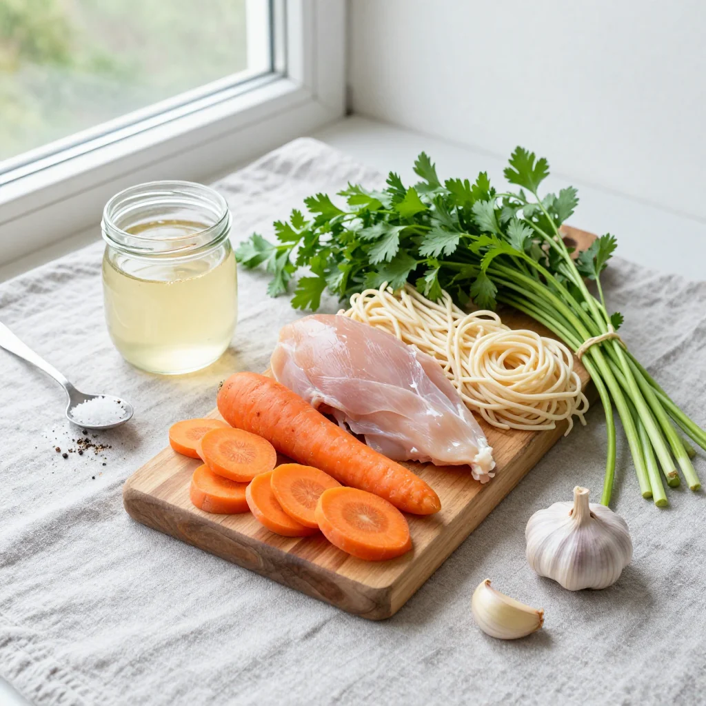 All ingredients for Chicken Noodle Soup with Carrots neatly arranged on a wooden board