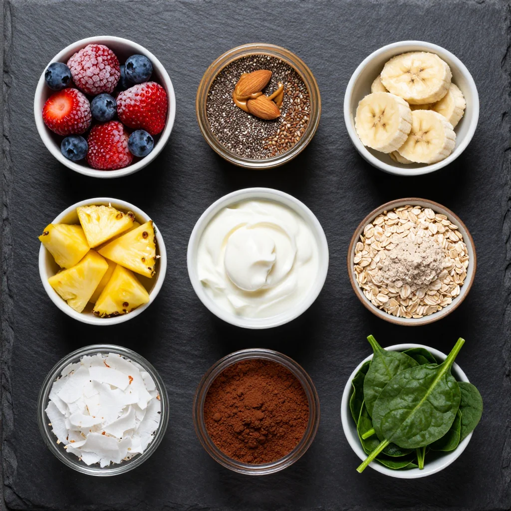 Colorful array of pre-portioned fruit, spinach, protein powder, and seeds arranged on a marble counter beside silicone freezer bags