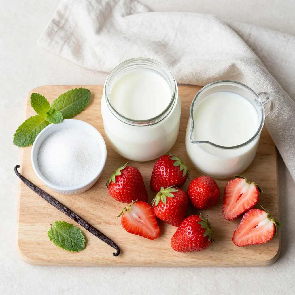 All ingredients laid out for Strawberry Ice Cream Homemade Churned