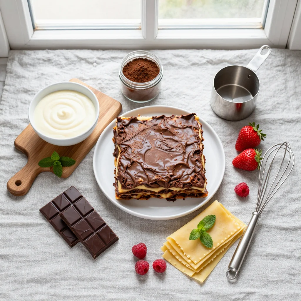 All ingredients for Chocolate Lasagna with Pudding Layers neatly arranged on a wooden board
