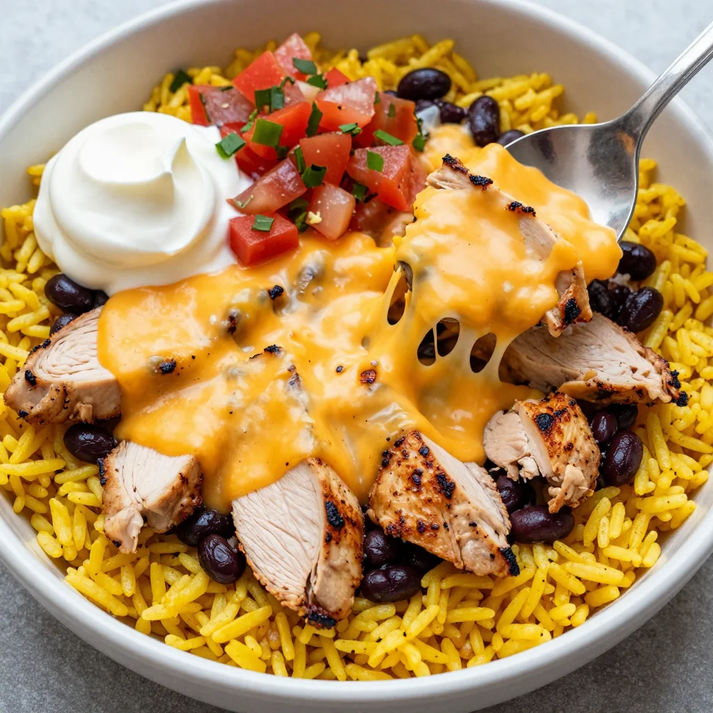 Cheesy Chicken and Rice Burrito Bowl with Black Beans