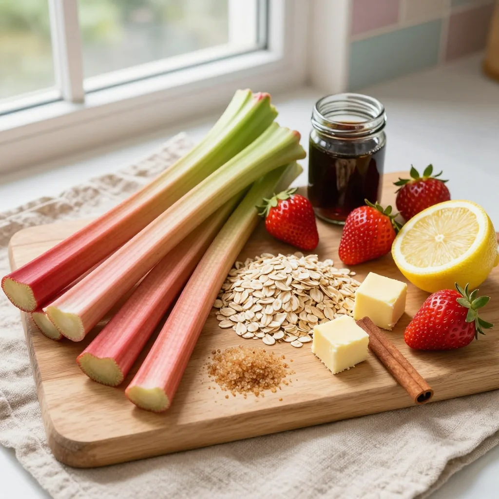 All ingredients for Rhubarb Crisp with Strawberry neatly arranged on a wooden board