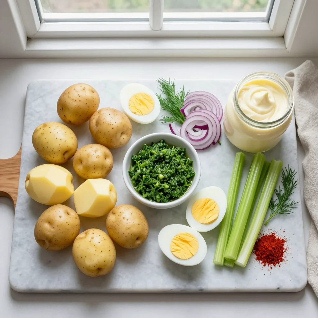 All ingredients for Potato Salad with Hard Boiled Eggs and Relish