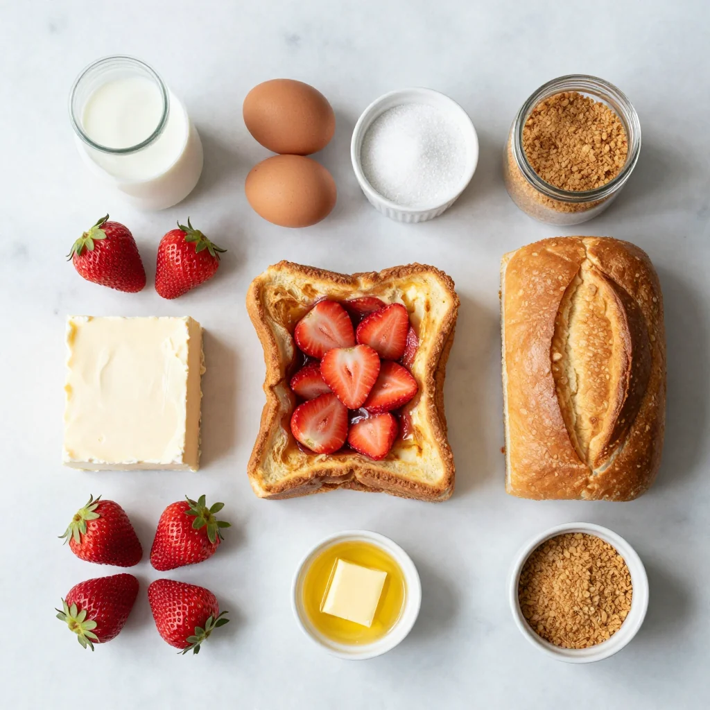 All ingredients for Strawberry Cheesecake Stuffed French Toast Casserole