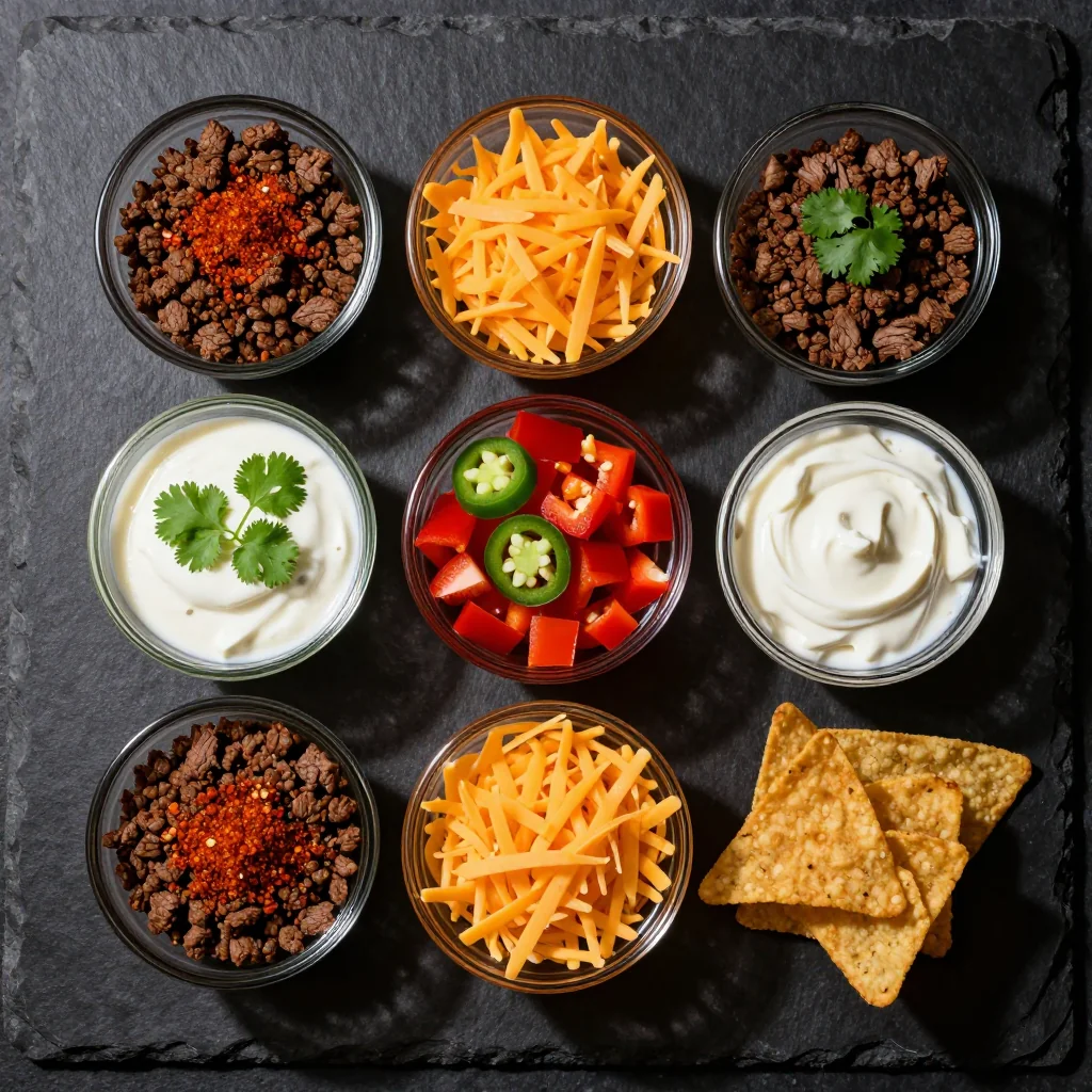 Colorful array of keto taco bowl ingredients arranged in meal prep containers