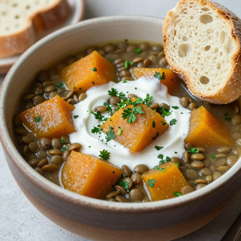 slow cooker high protein lentil and winter squash stew with herbs