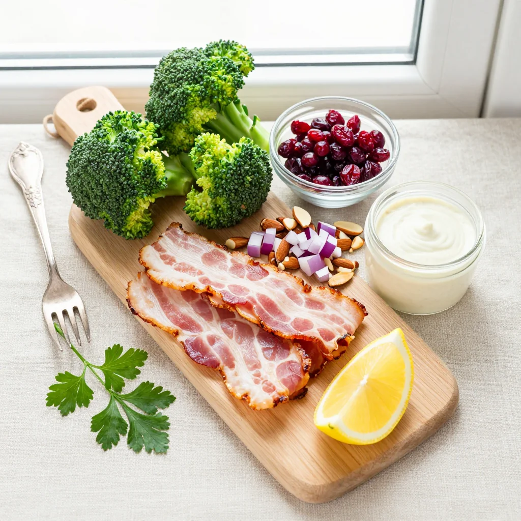 All ingredients for Broccoli Salad with Cranberries and Bacon