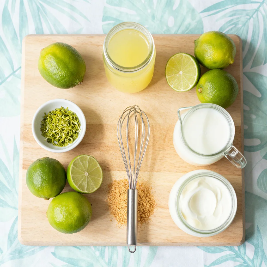 All ingredients for Key Lime Poke Cake arranged on a wooden board