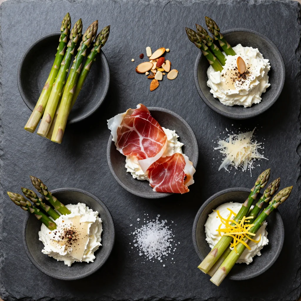 Fresh asparagus spears, cream cheese, prosciutto, and herbs arranged on a marble surface