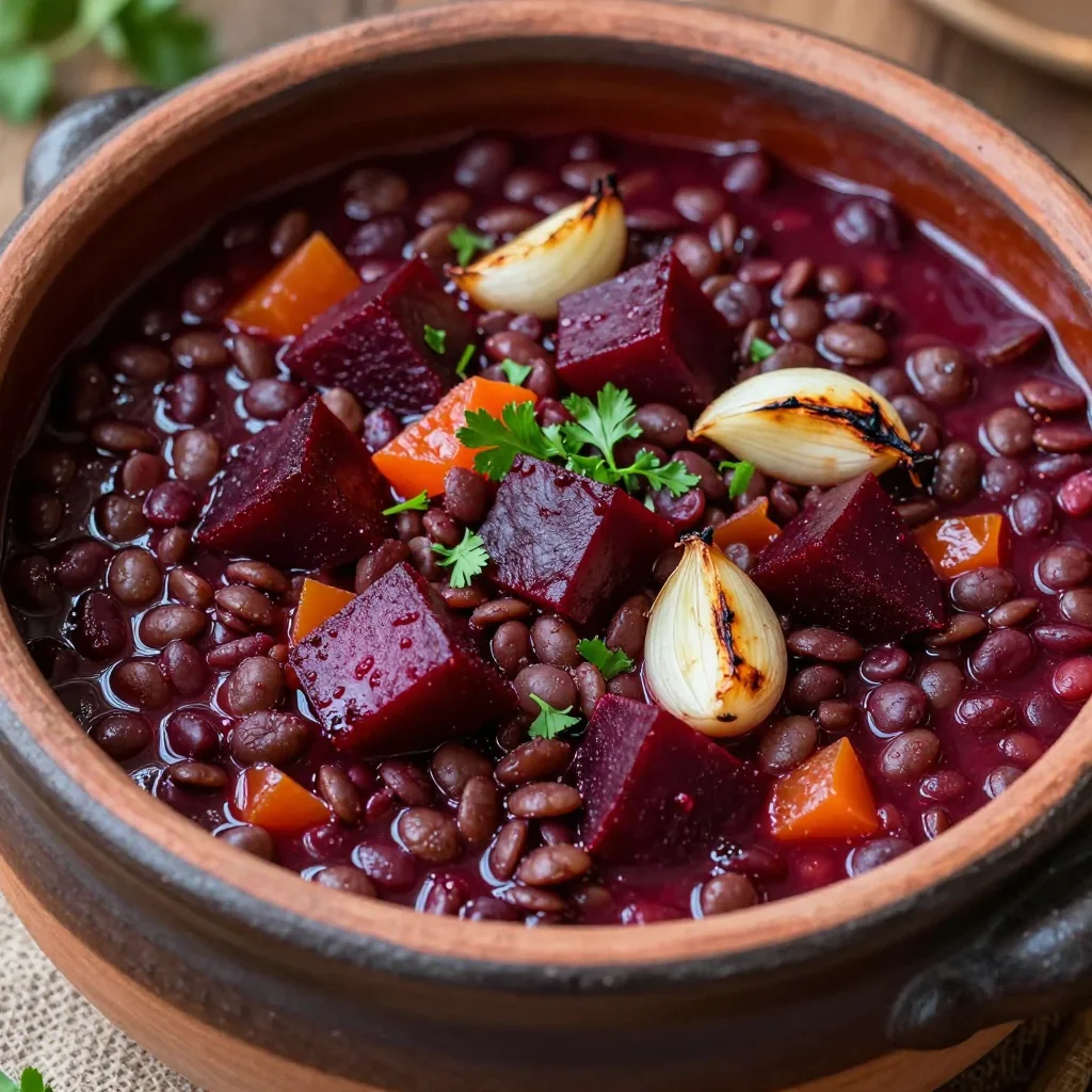 onepot high protein lentil stew with beets and garlic for family meals