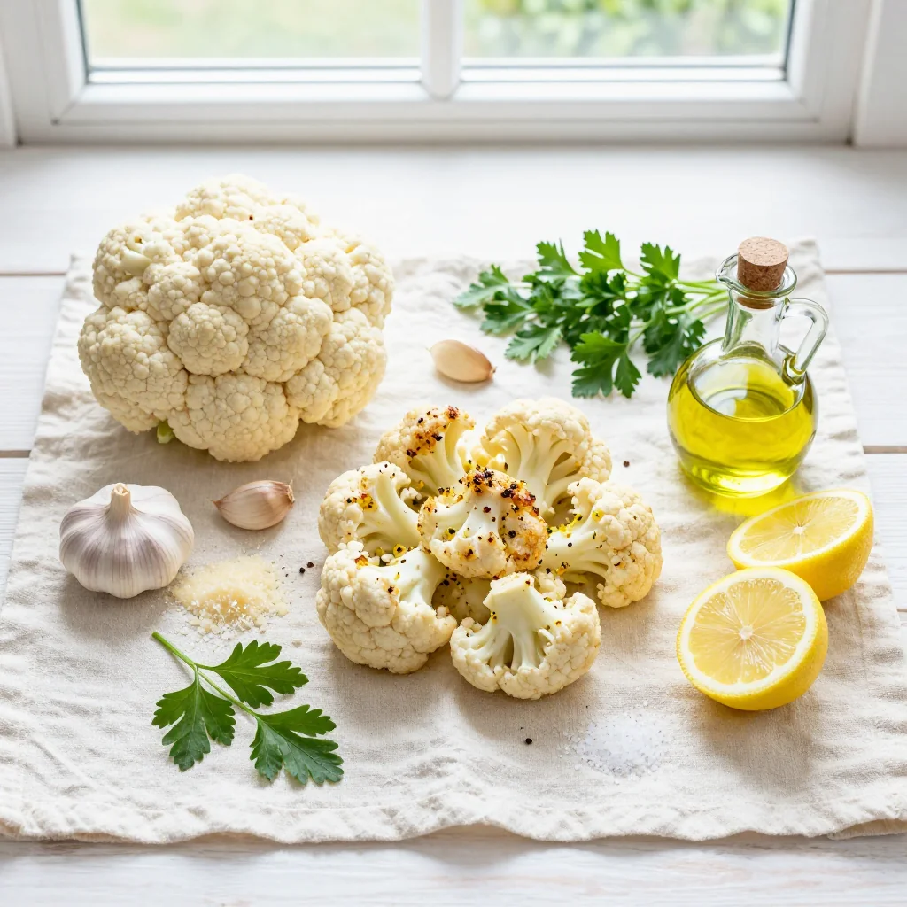 All ingredients for Garlic Parmesan Roasted Cauliflower with Lemon Zest