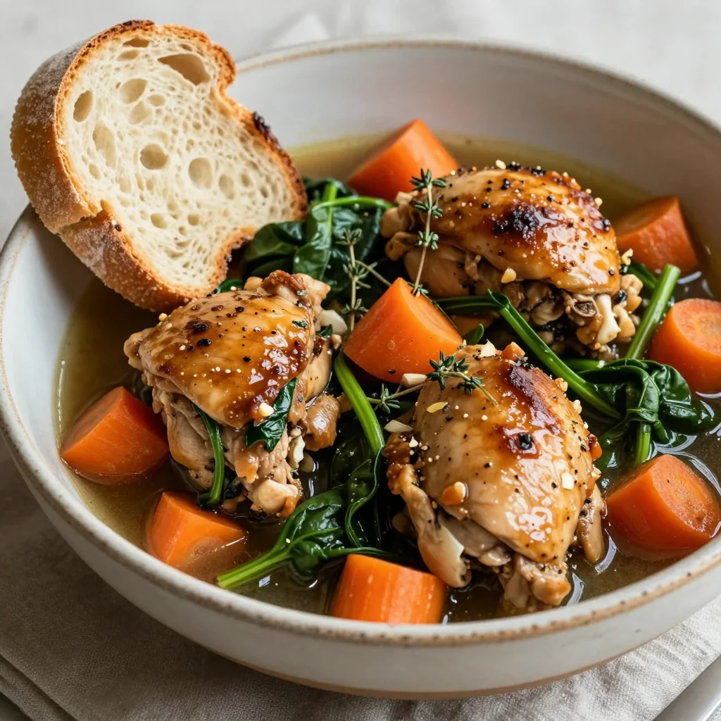 onepot winter chicken stew with spinach carrots and garlic