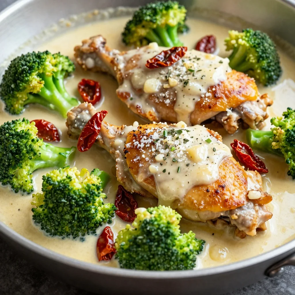 Keto Creamy Tuscan Chicken Thighs with Broccoli and Parmesan