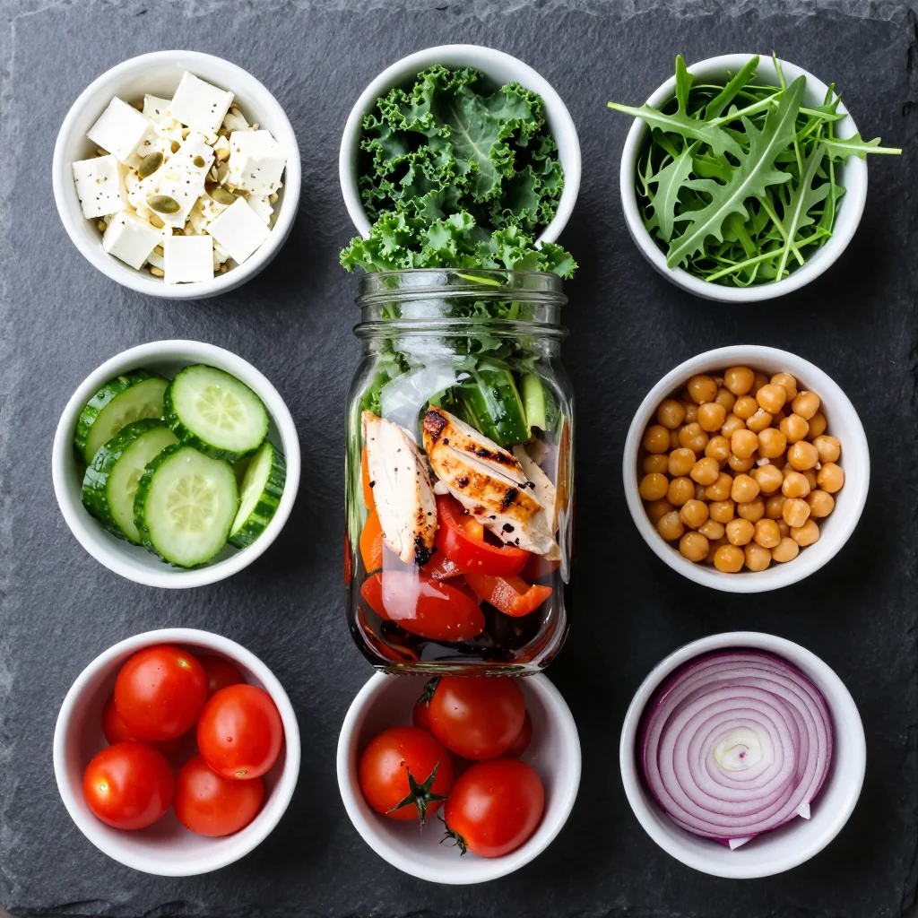 Fresh ingredients arranged for mason jar salads including colorful vegetables, proteins, and dressings