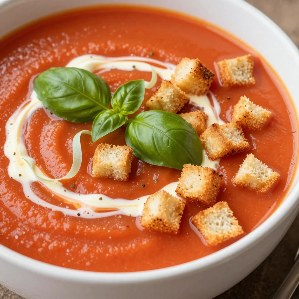 Creamy Tomato and Basil Soup with Croutons and Basil