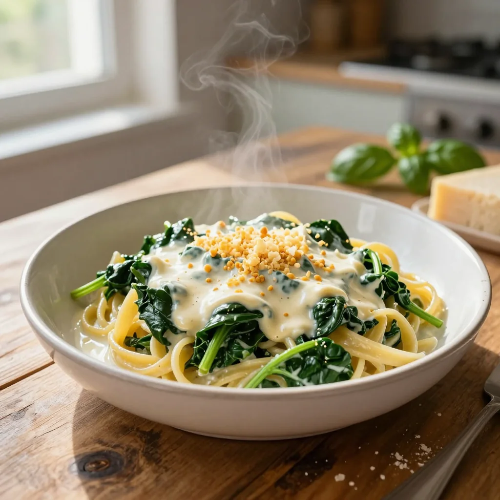Spinach Pasta with Creamy Garlic Parmesan Sauce
