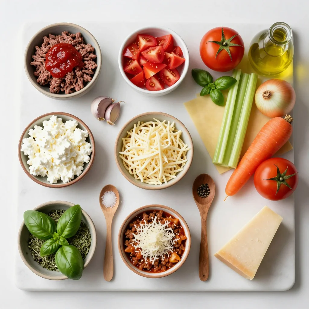 All ingredients for Lasagna with Meat Sauce and Cottage Cheese