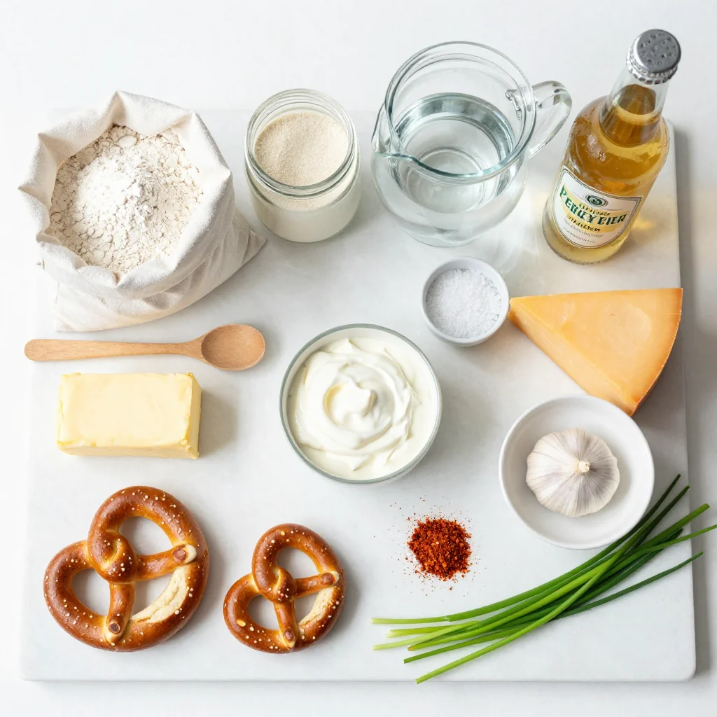 All ingredients for Soft Pretzel Bites with Beer Cheese Dip
