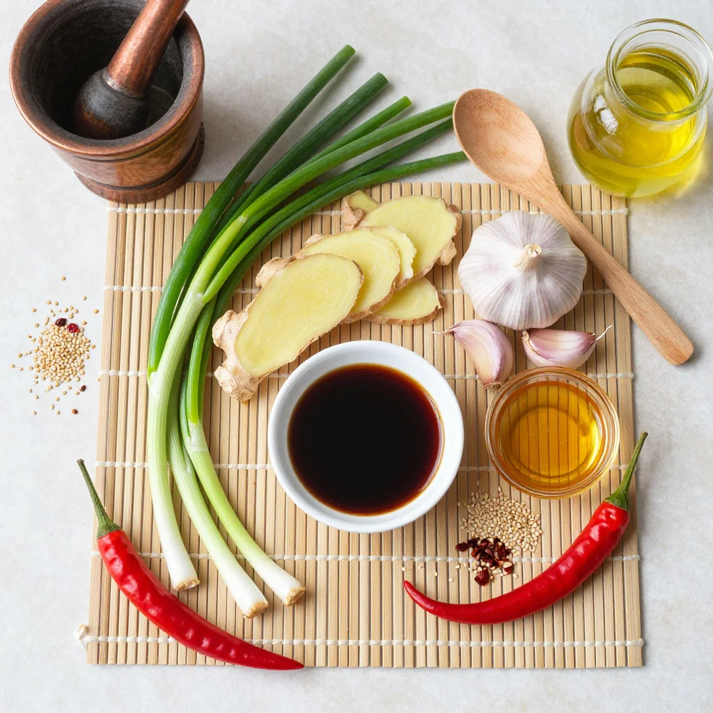 All ingredients for Flank Steak Marinade Soy Ginger Garlic laid out on a wooden board