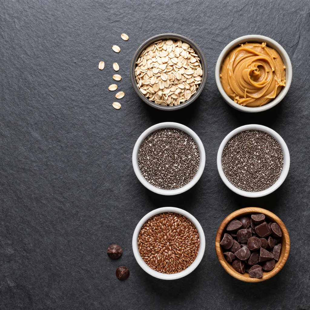 Wholesome ingredients laid out for healthy breakfast cookies including oats, bananas, almond butter, and seeds