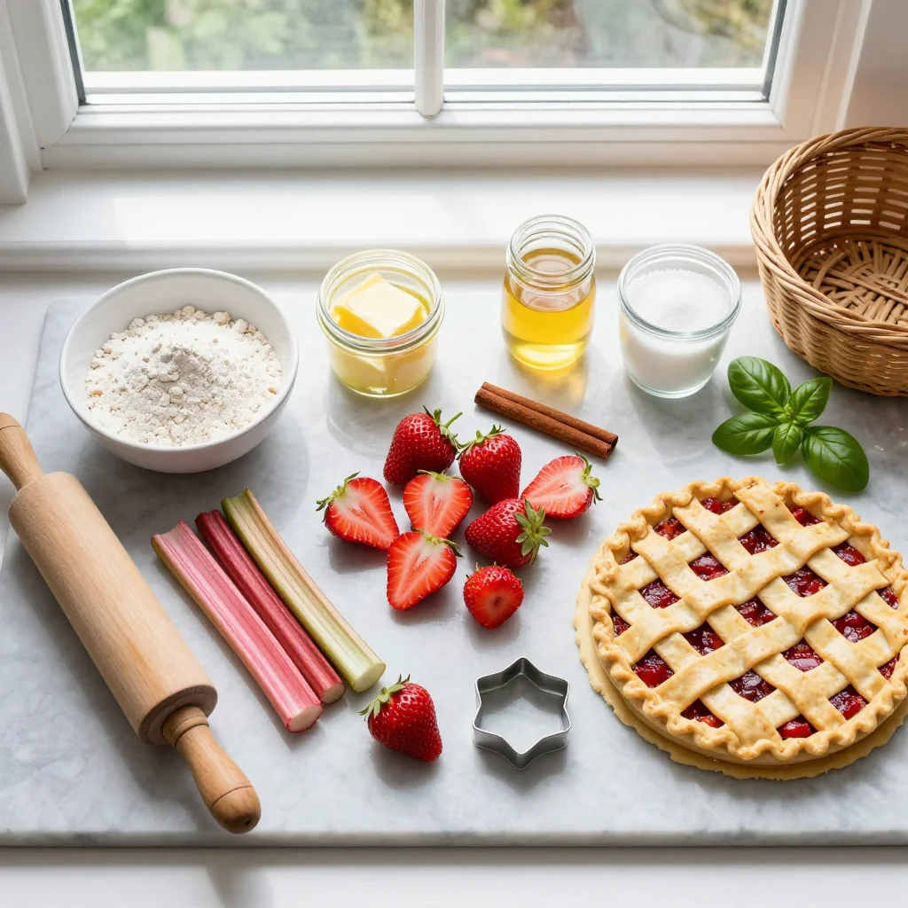 All ingredients for Strawberry Rhubarb Pie with Lattice neatly arranged on a wooden board