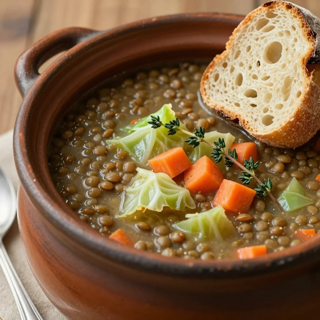 warm and cozy slow cooker lentil soup with cabbage and carrots