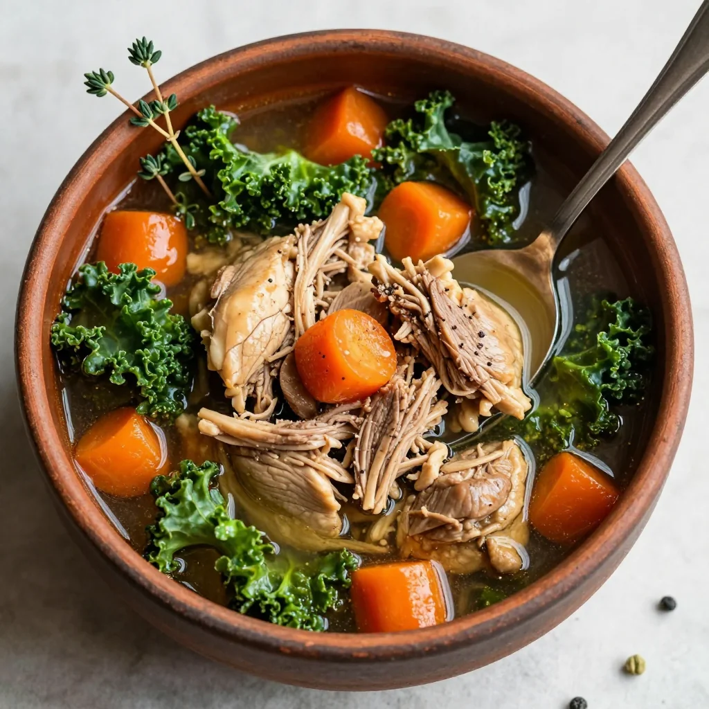 batch cooked chicken and winter vegetable soup with carrots and kale