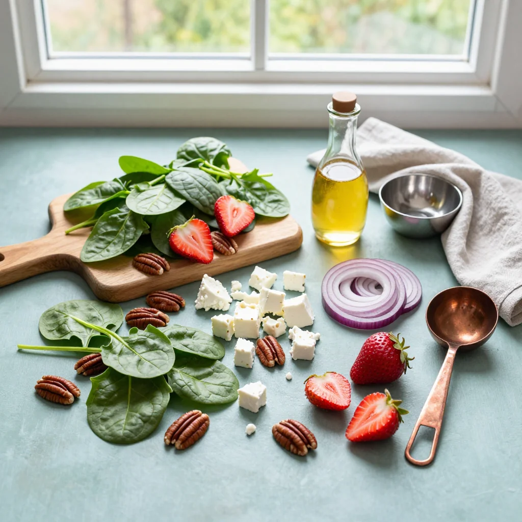 All ingredients for Strawberry Spinach Salad with Pecans