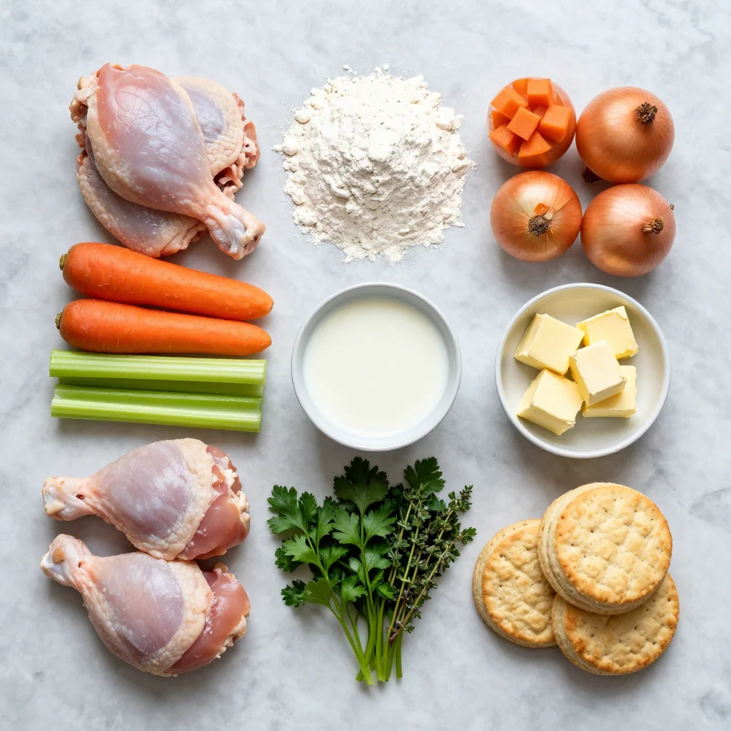 All ingredients for Chicken and Dumplings Casserole with Biscuits neatly arranged