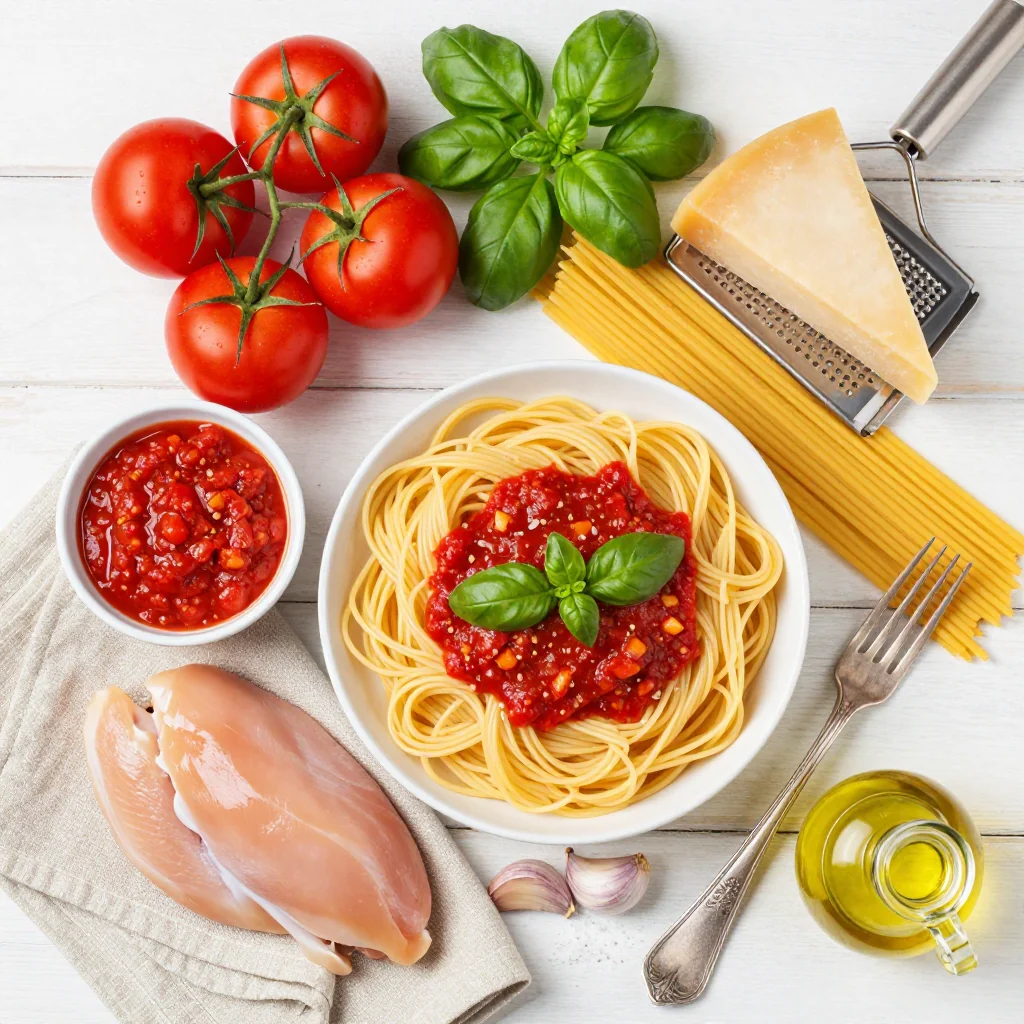 All ingredients for Parmesan Chicken with Pasta and Marinara Sauce