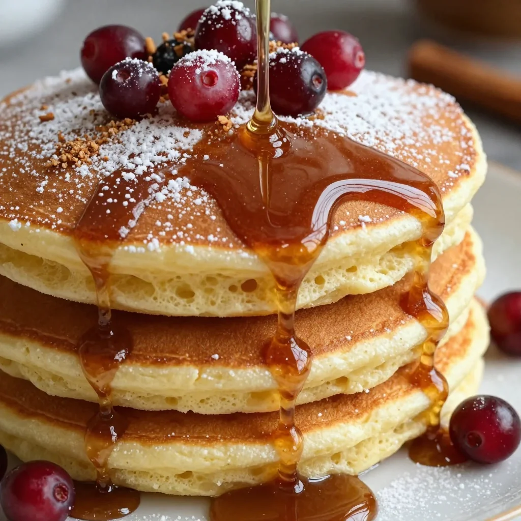 fluffy eggnog pancakes with warm maple syrup for christmas morning