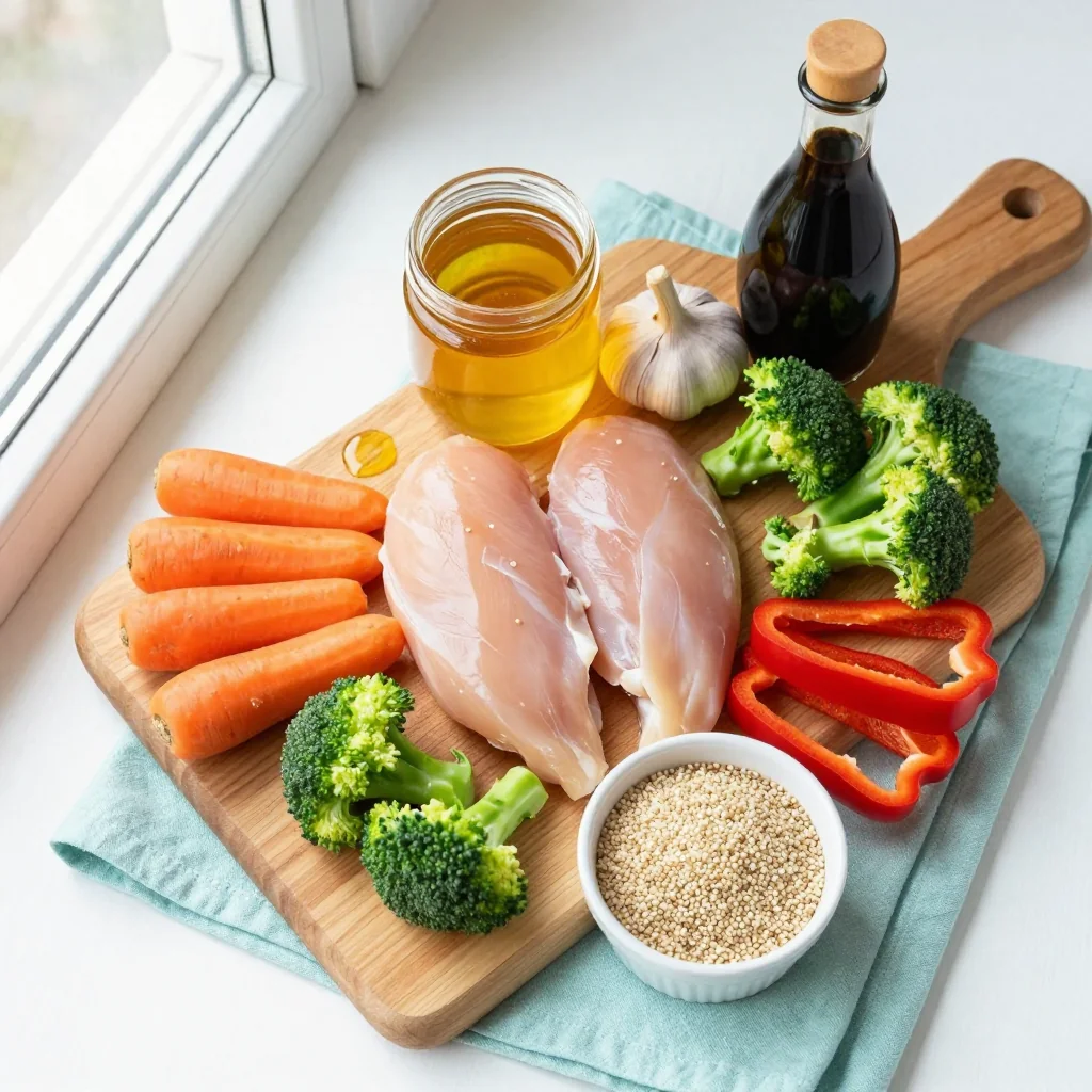 All ingredients for Sticky Honey Garlic Chicken Meal Prep Bowls