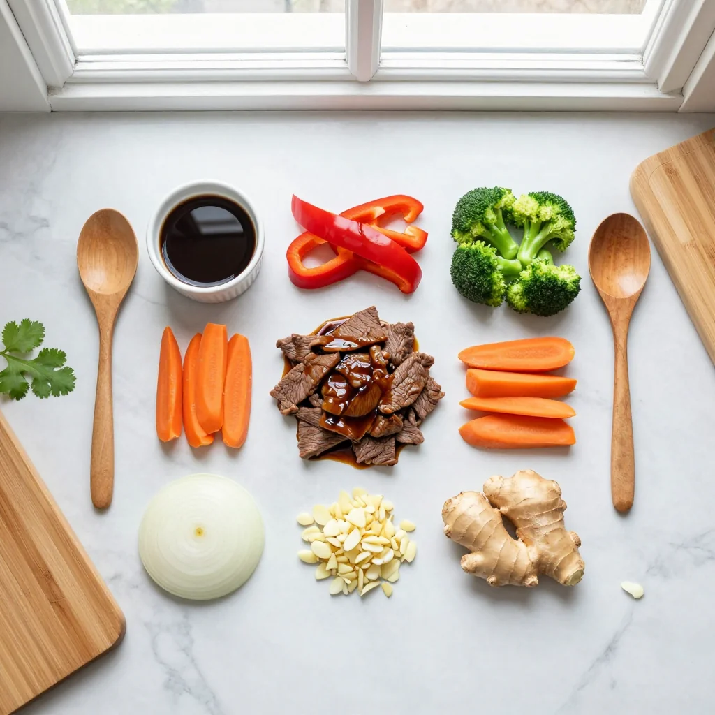 All ingredients for Beef Stir Fry with Vegetables