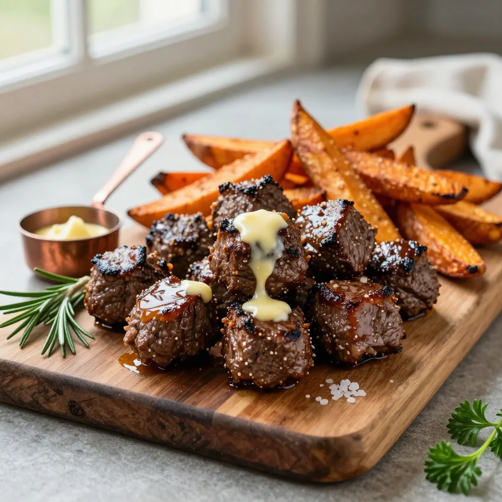 Garlic Butter Steak Bites with Sweet Potato Fries