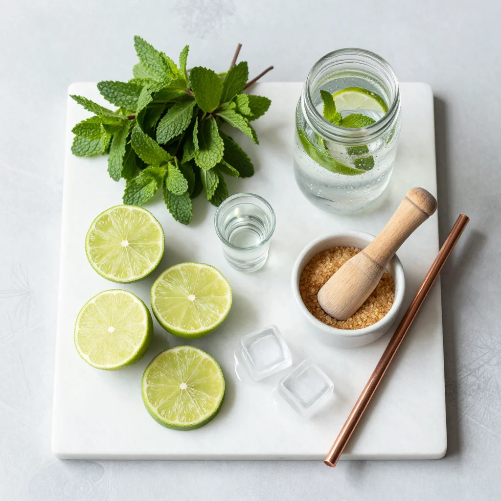 All ingredients for Virgin Mojito with Lime neatly arranged on a wooden board