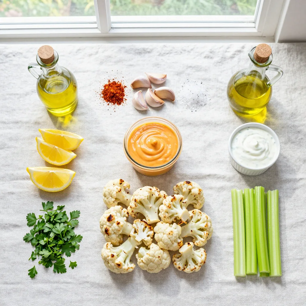 All ingredients for Roasted Cauliflower Buffalo Bites with Ranch