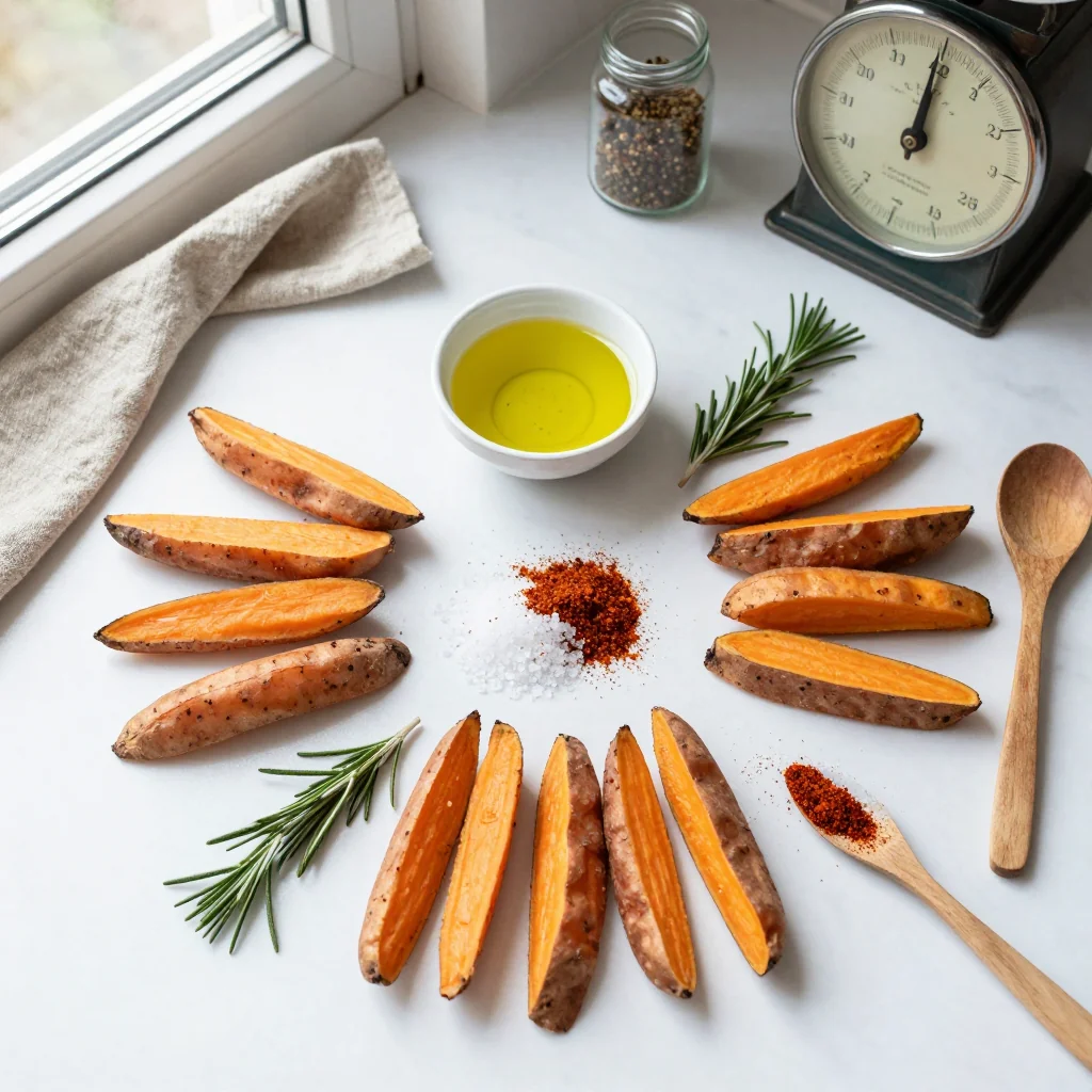 All ingredients for Baked Sweet Potato Fries Crispy Seasoned laid out on a wooden board