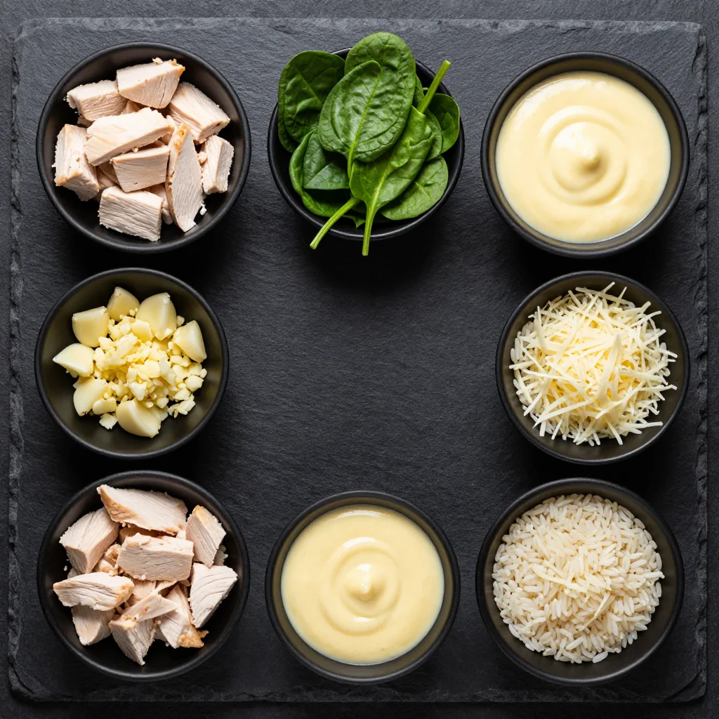 Ingredients for creamy lemon garlic spinach and chicken casserole