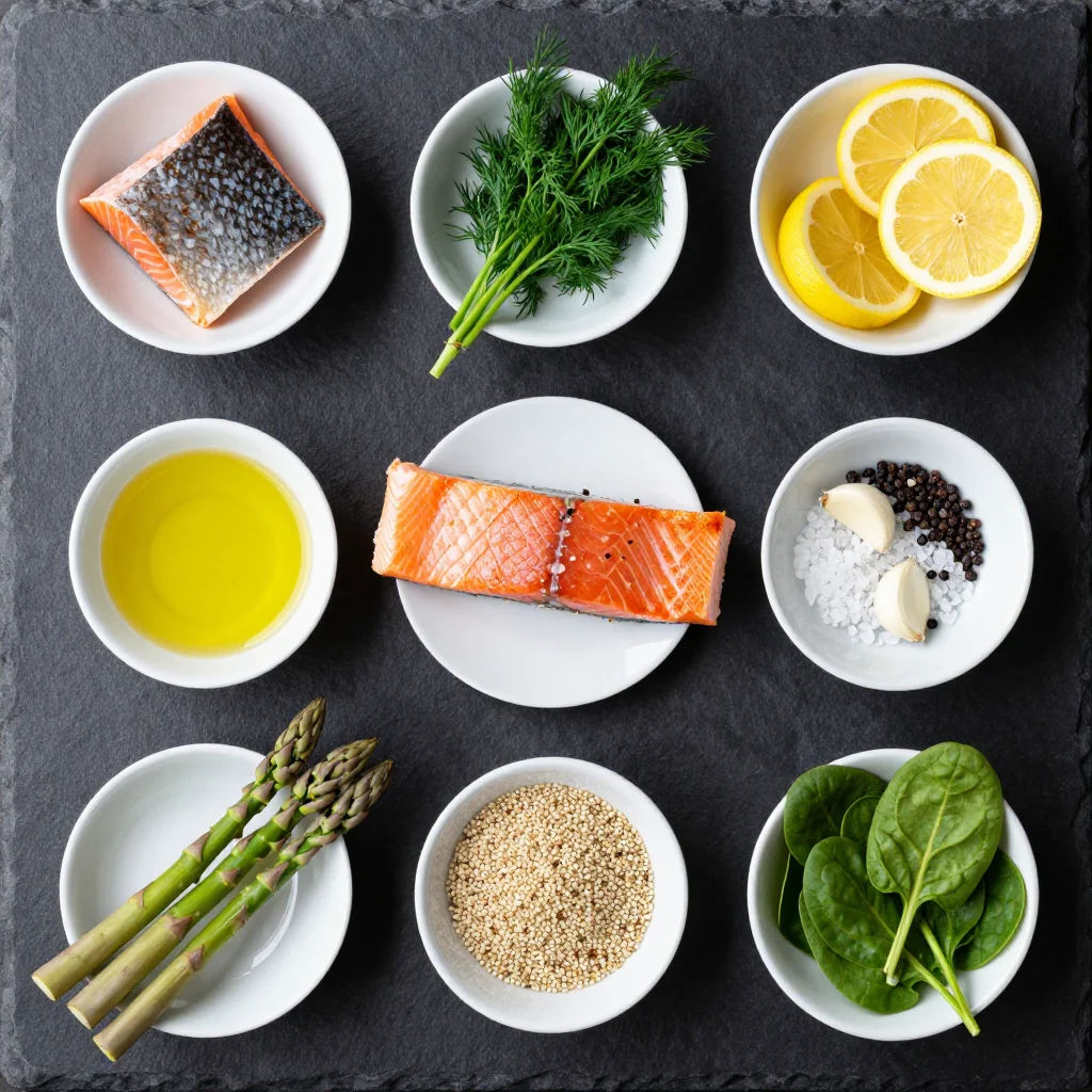 Fresh salmon fillet with lemons, dill, garlic, and spices arranged on a marble surface