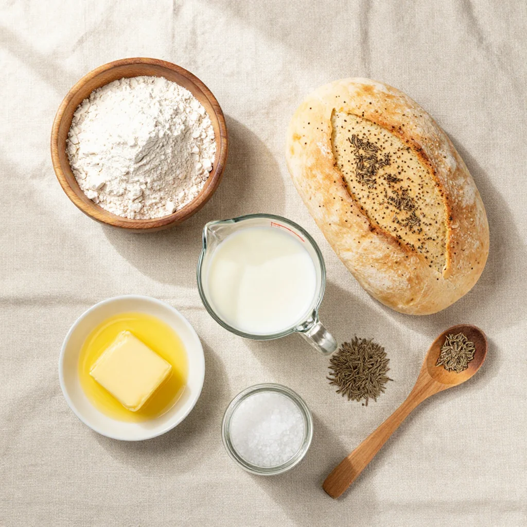 All ingredients for Traditional Irish Soda Bread with Caraway Seeds neatly arranged on a wooden countertop