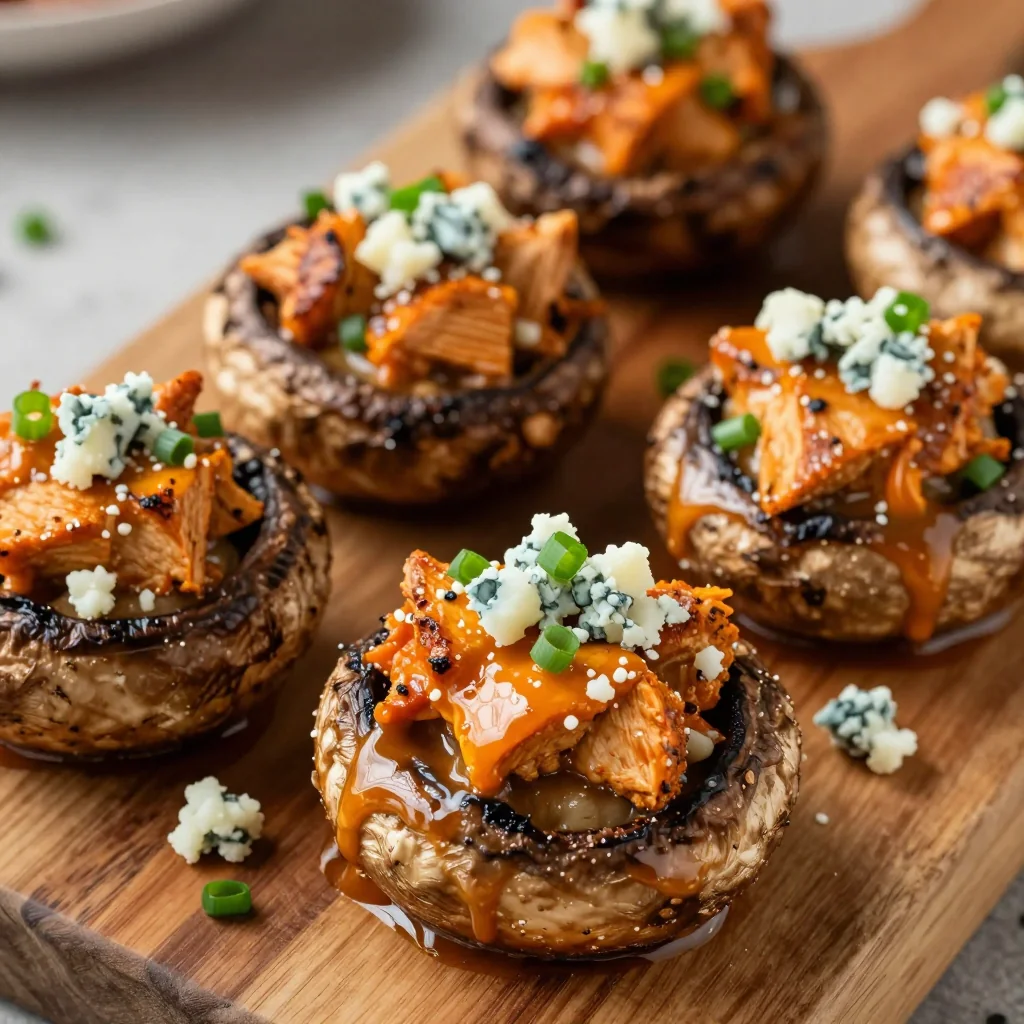 NFL Playoff Buffalo Chicken Stuffed Mushrooms with Blue Cheese Crumbles