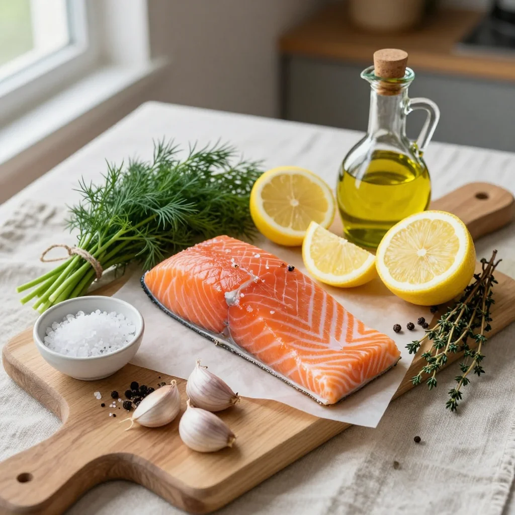 All ingredients for baked salmon with lemon and dill neatly arranged on a wooden board