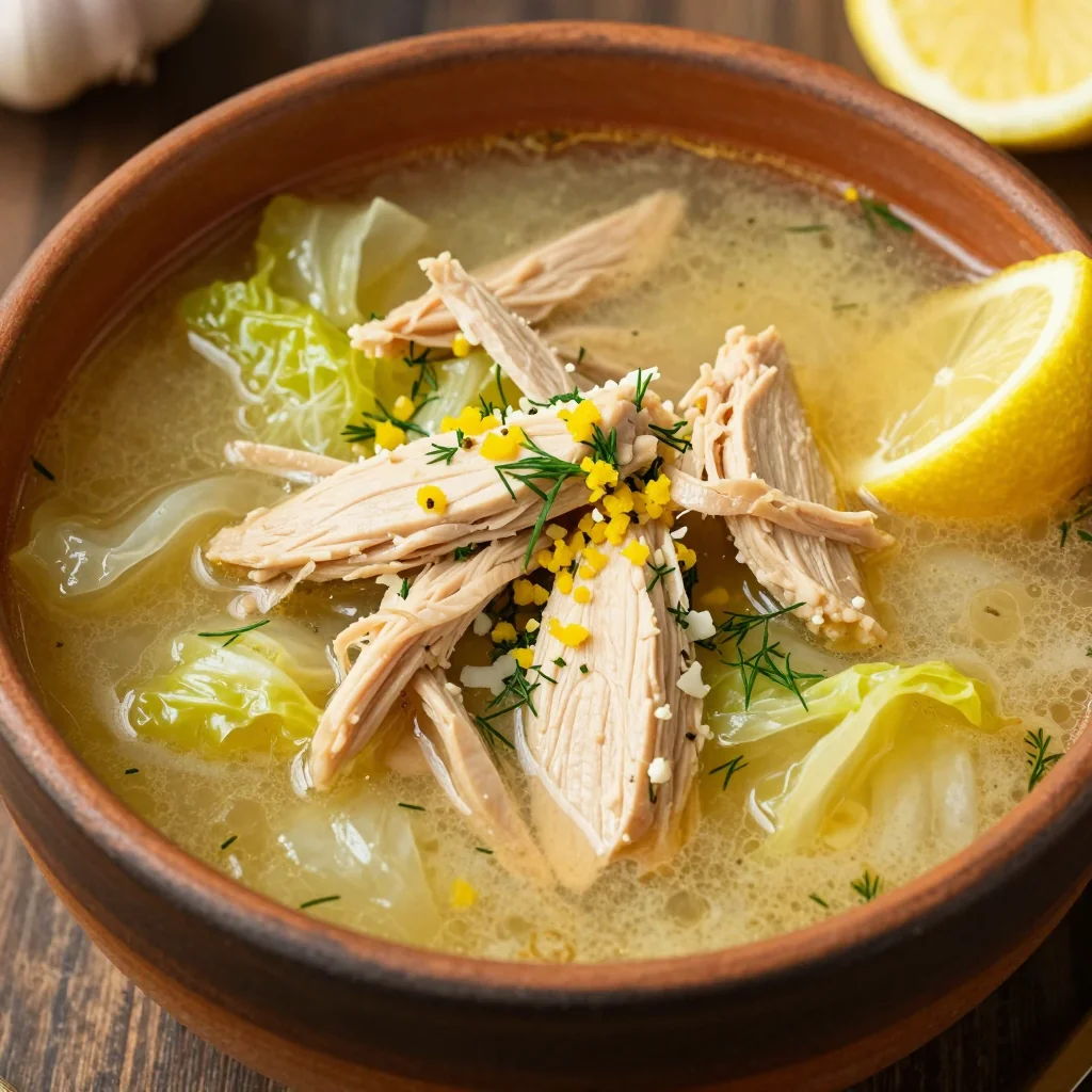 creamy slow cooker chicken and cabbage soup with garlic and lemon