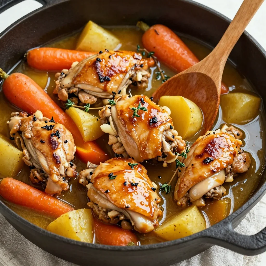 onepot chicken and roasted root vegetable stew with garlic