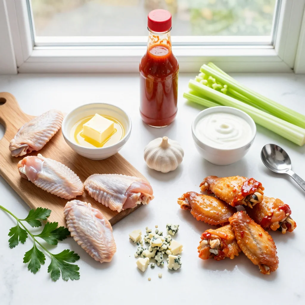 All ingredients for Buffalo Chicken Wings Baked with Ranch Dip